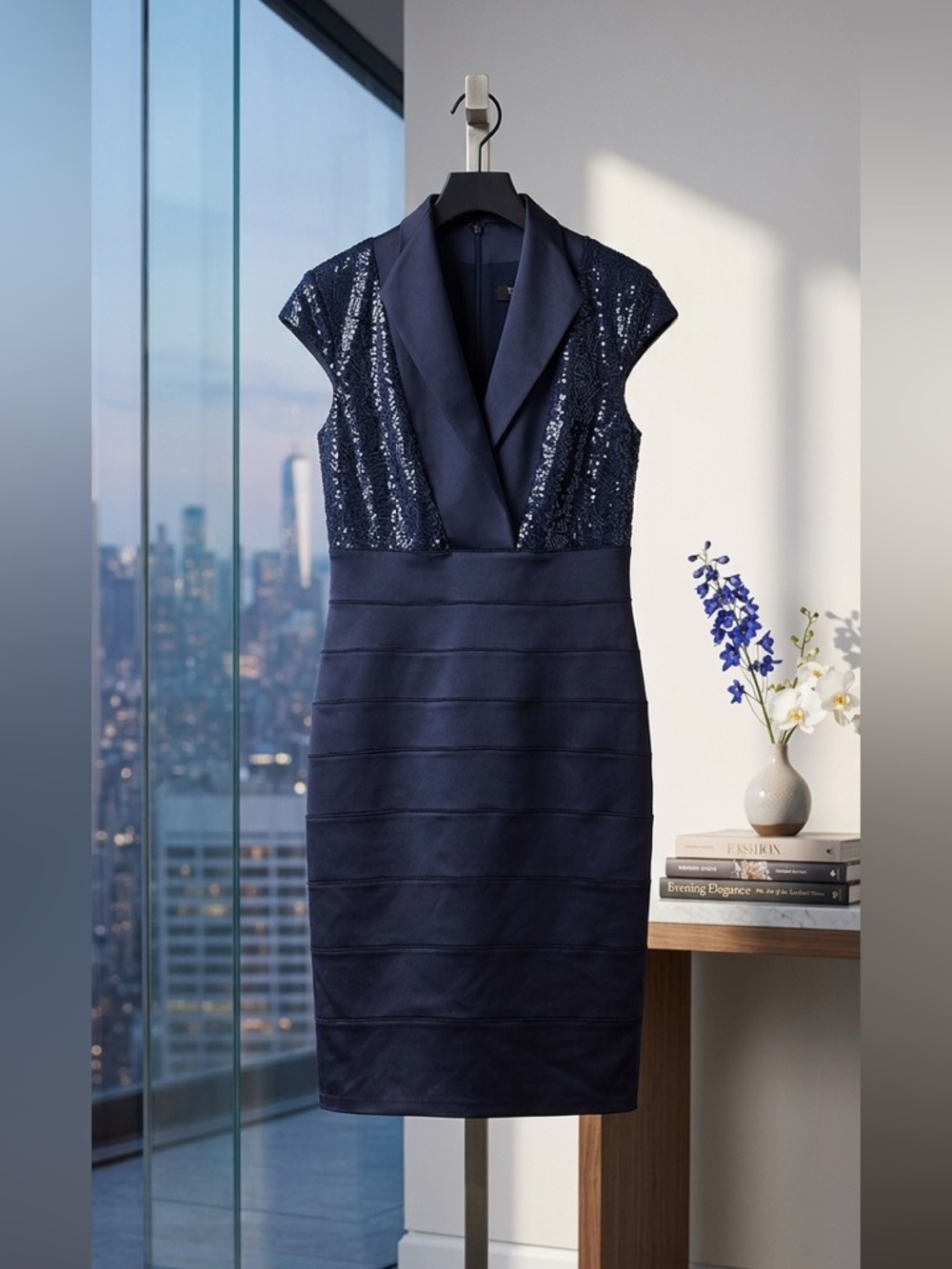 Tadashi Shoji Navy Sequin Bodice Bandage Midi Dress